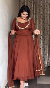 Marvelous Brown Georgette with Moti Work Gown